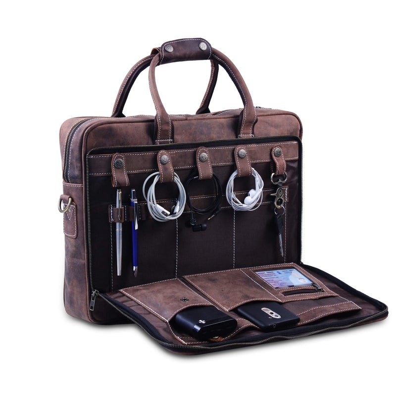 HULSH 18 Inch Genuine Leather Briefcase for Men and Women, Vintage Messenger Bag, Large Laptop Shoulder Satchel, Professional Business Office Work Bag with Luggage Strap, Handcrafted, Dark Brown - Image 3
